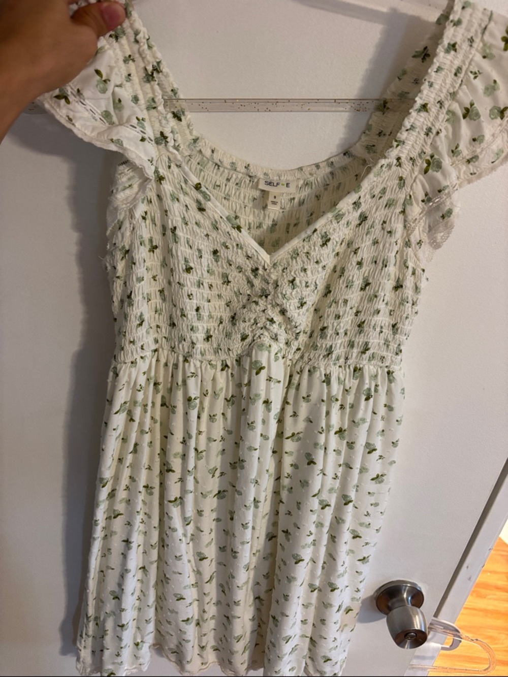 White Floral Smocked Mini Dress with Green Print